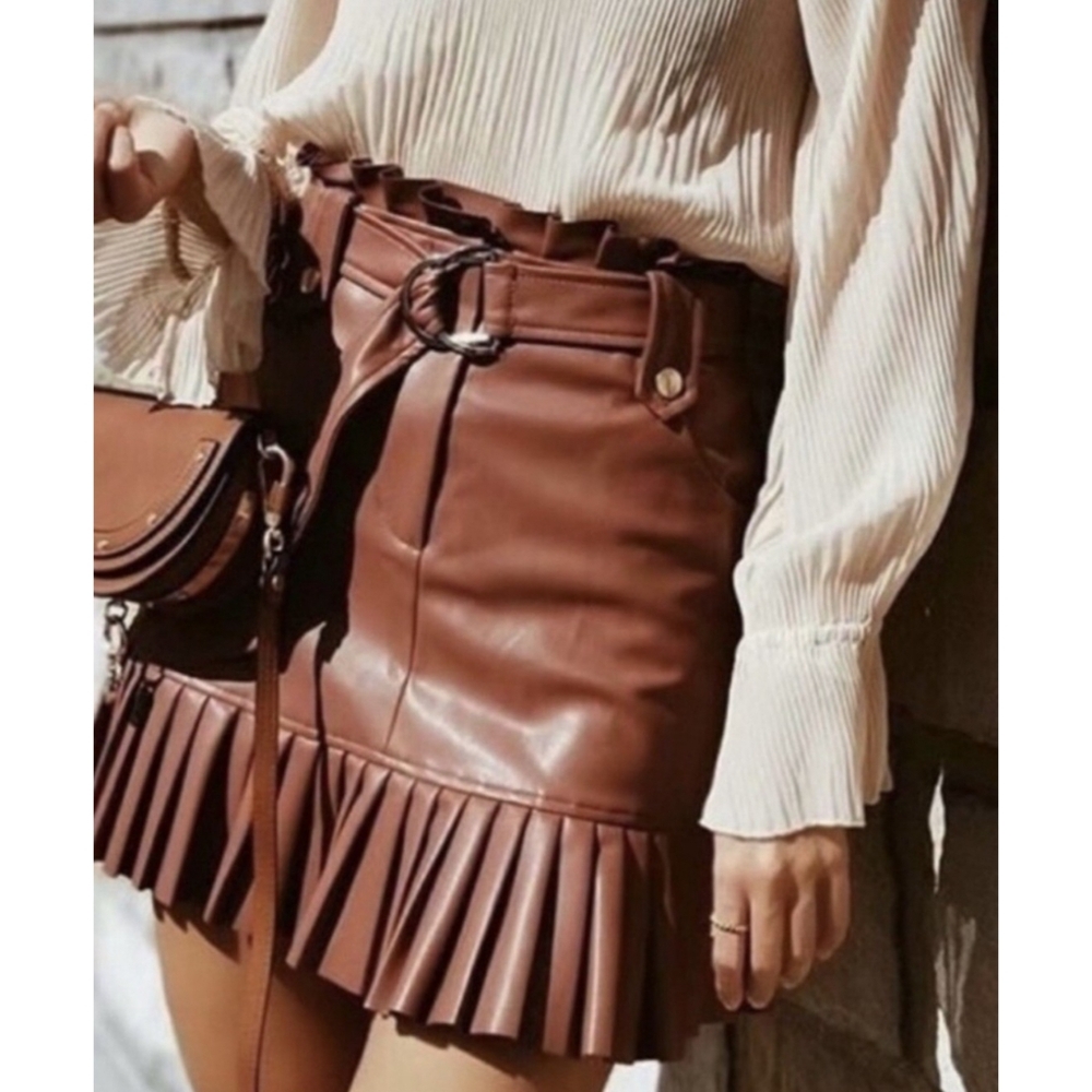Zara Faux Leather Pleated Mini Skirt Cognac Size XS